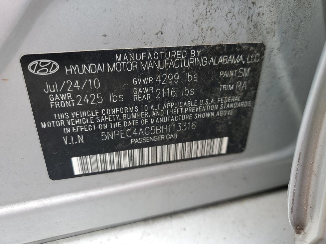 2011 Hyundai Sonata Se VIN: 5NPEC4AC5BH113316 Lot: 71317075