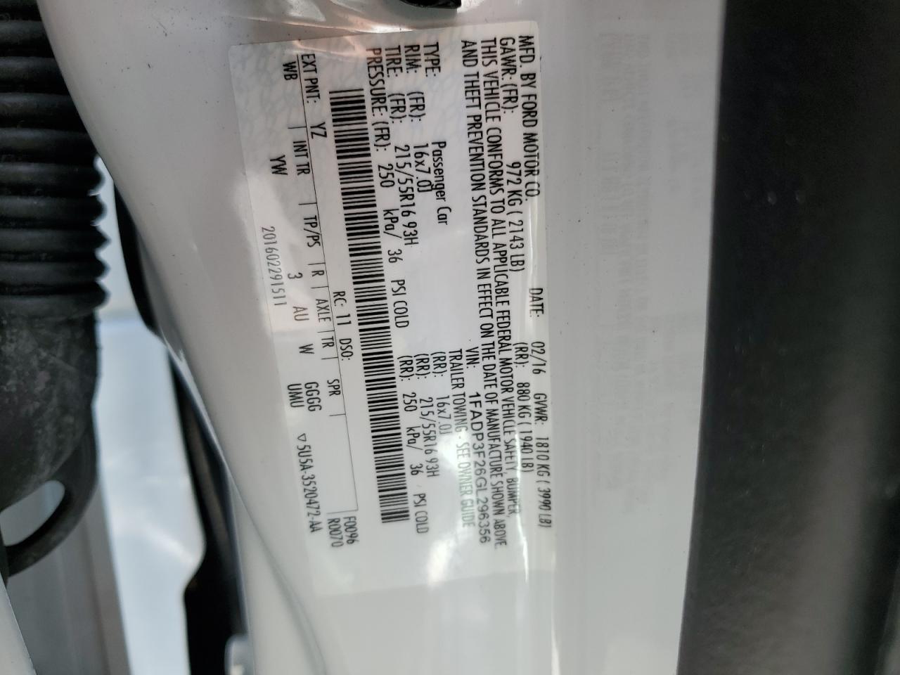 2016 Ford Focus Se VIN: 1FADP3F26GL296356 Lot: 91486945