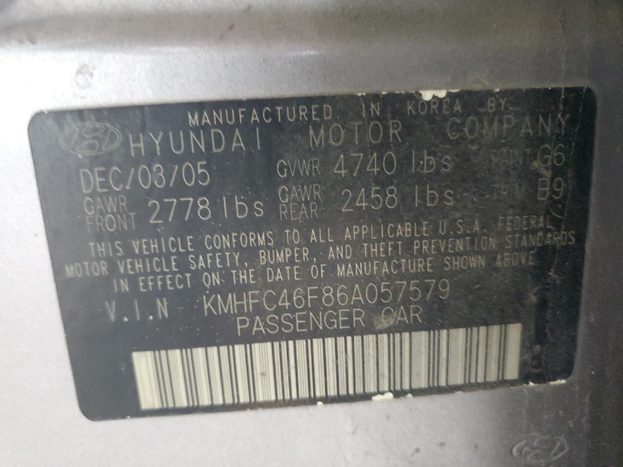 2006 Hyundai Azera Se VIN: KMHFC46F86A057579 Lot: 83925515