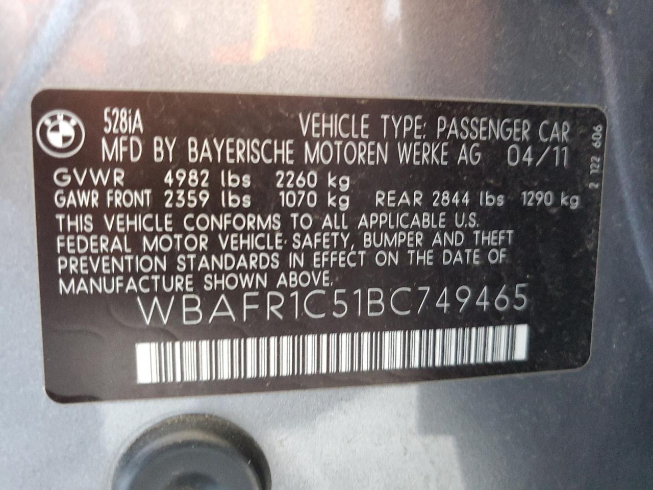 2011 BMW 528 I VIN: WBAFR1C51BC749465 Lot: 71463415