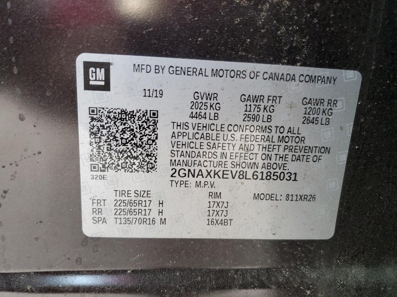 2020 Chevrolet Equinox Lt VIN: 2GNAXKEV8L6185031 Lot: 81292835