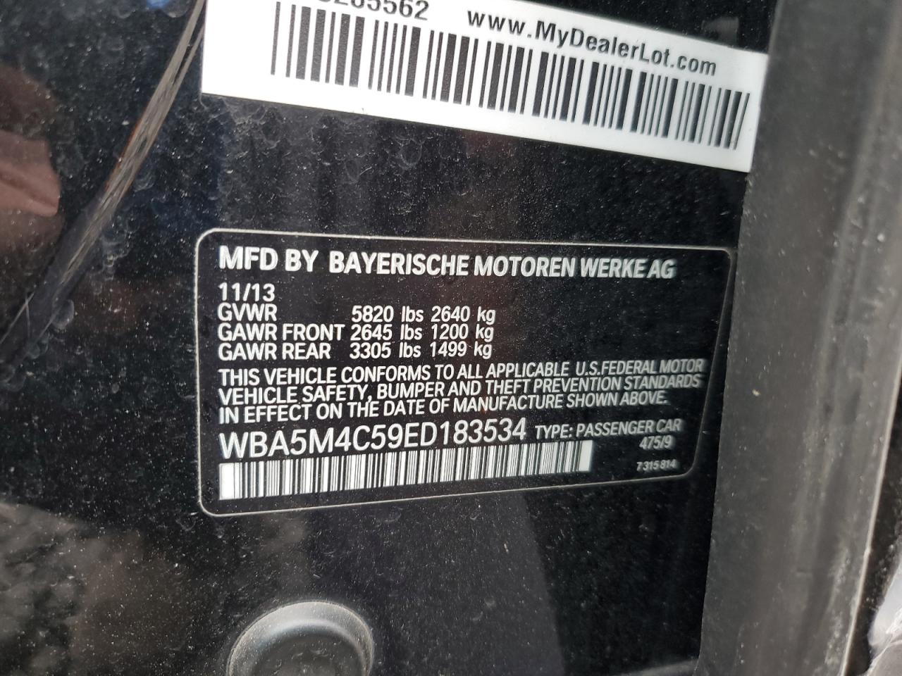 2014 BMW 535 Xigt VIN: WBA5M4C59ED183534 Lot: 81102995