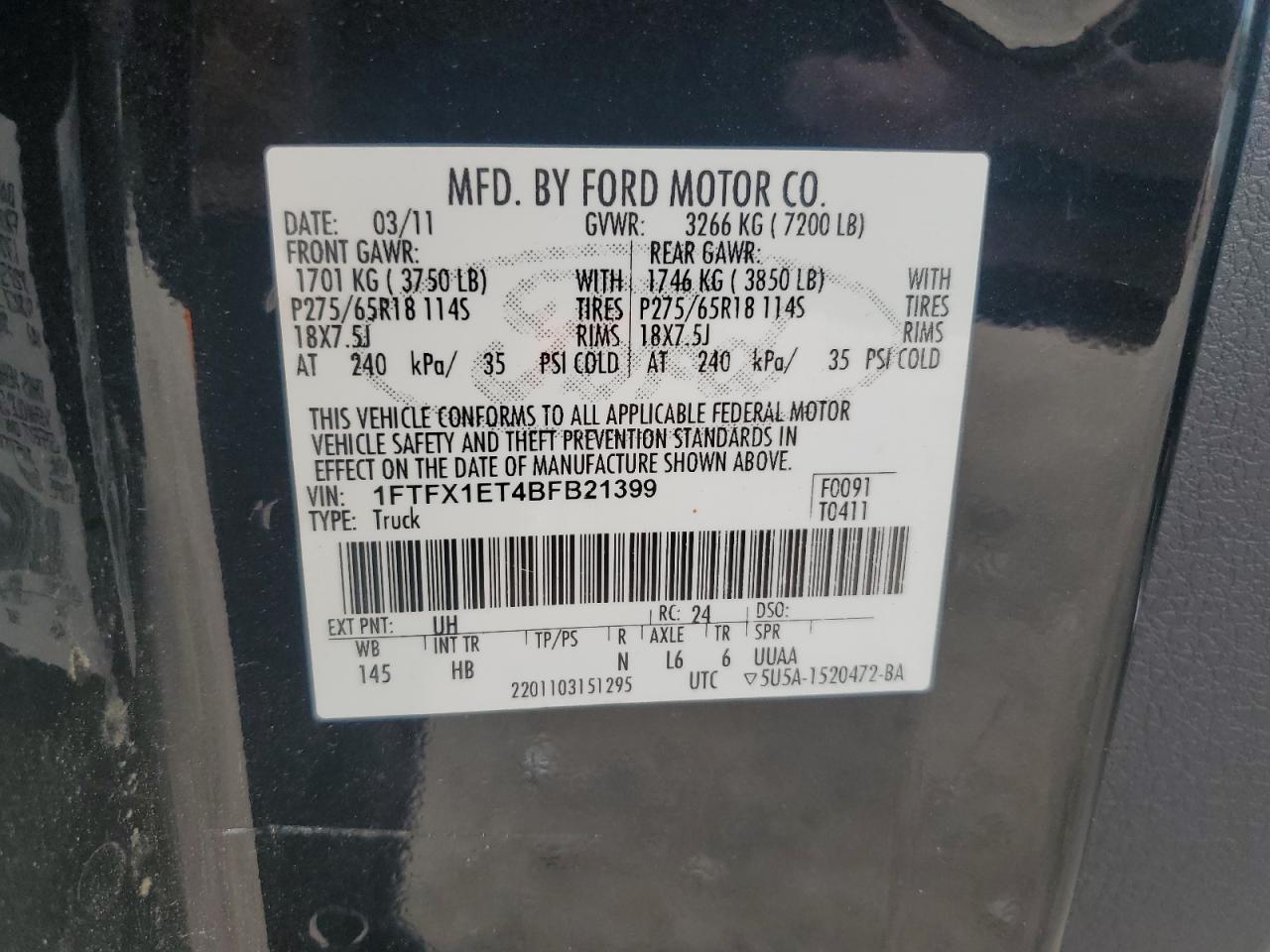 2011 Ford F150 Super Cab VIN: 1FTFX1ET4BFB21399 Lot: 80517735