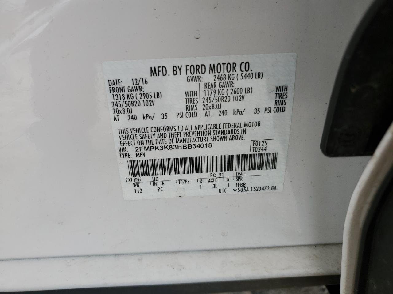 2017 Ford Edge Titanium VIN: 2FMPK3K83HBB34018 Lot: 81824845