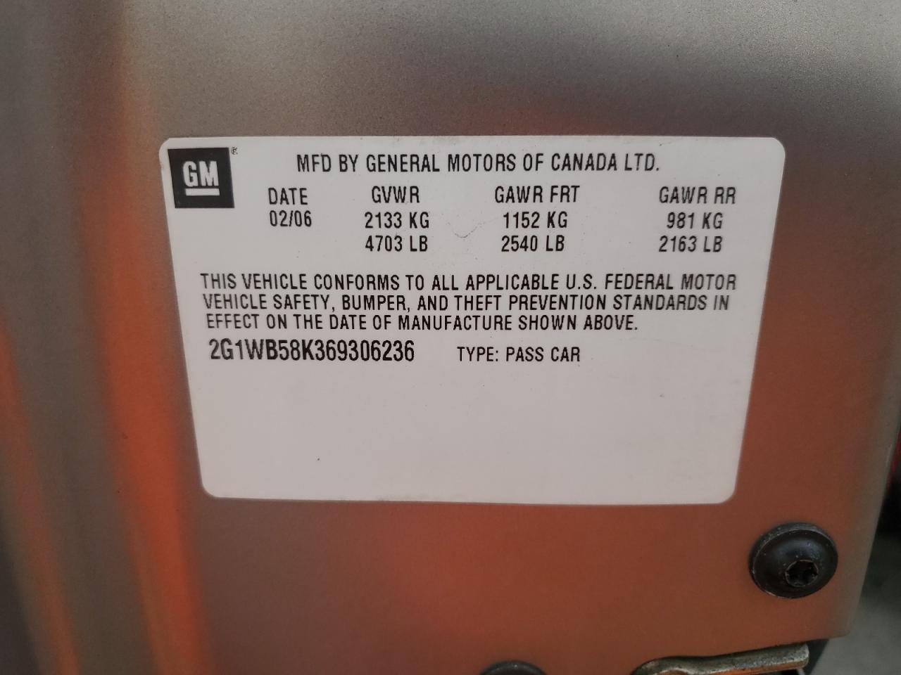 2006 Chevrolet Impala Ls VIN: 2G1WB58K369306236 Lot: 84477855