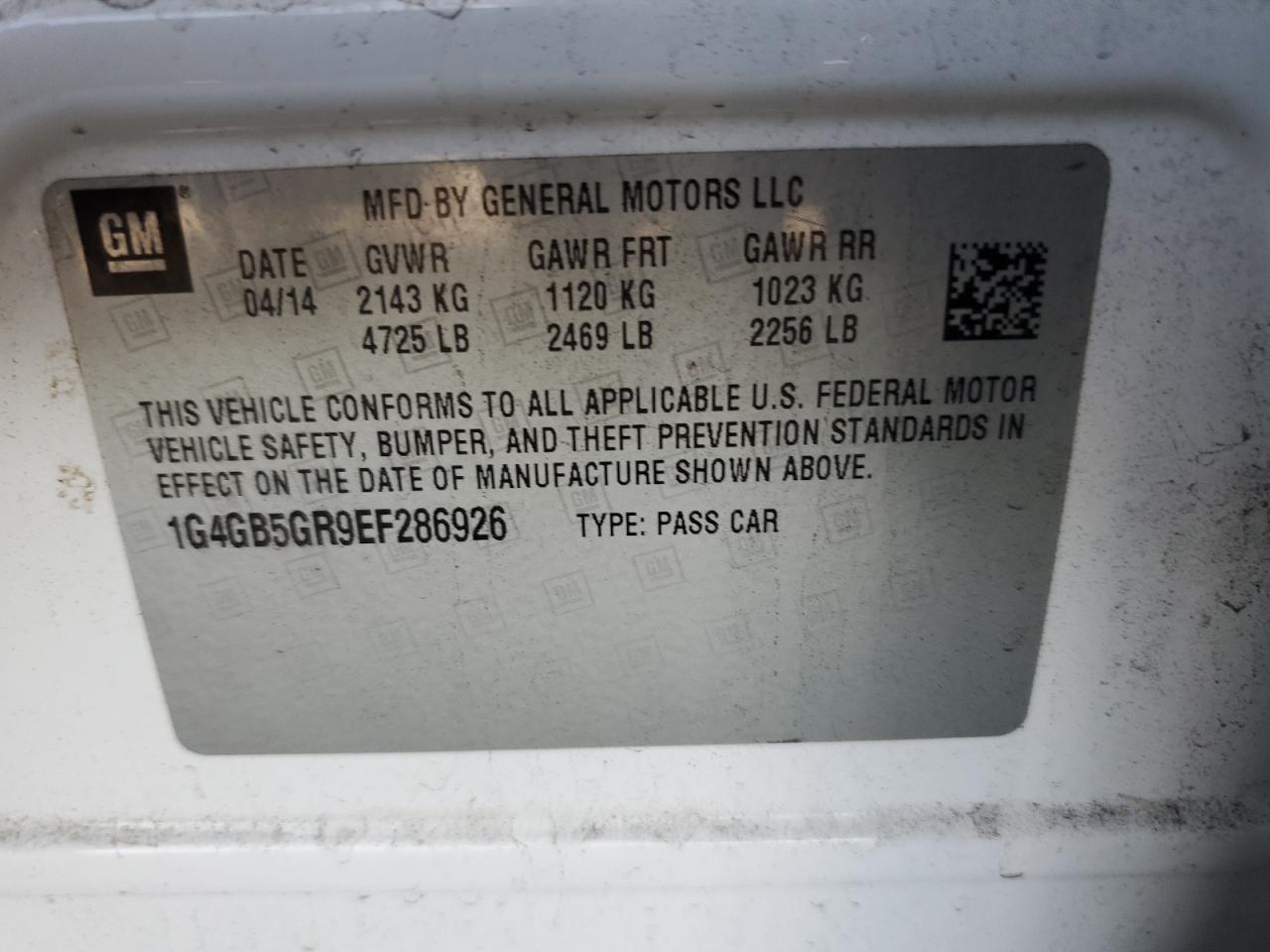 2014 Buick Lacrosse VIN: 1G4GB5GR9EF286926 Lot: 80946355