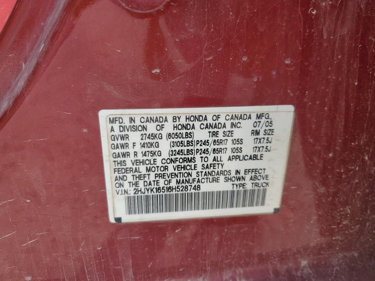 2006 Honda Ridgeline Rtl VIN: 2HJYK16516H528748 Lot: 80817605