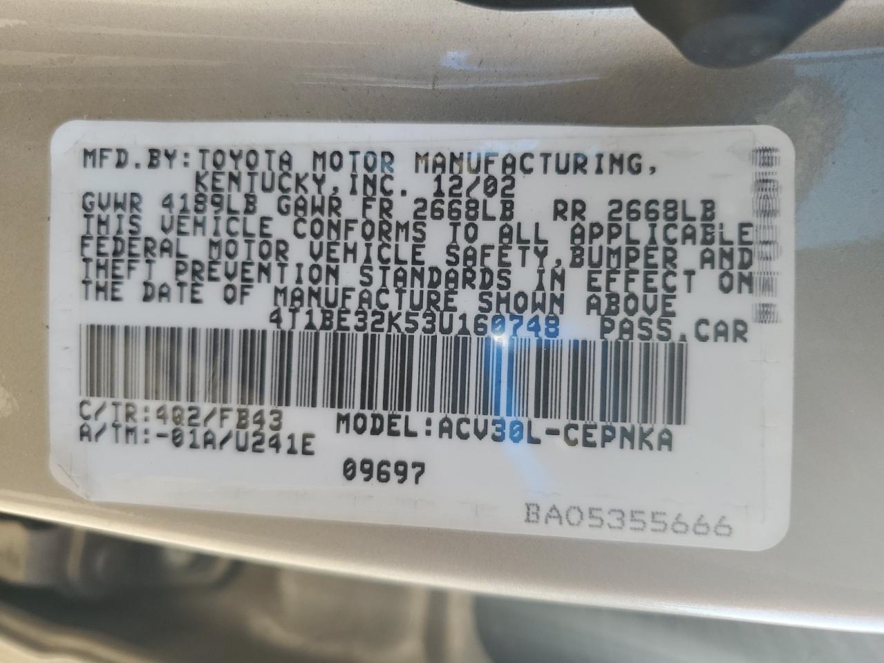 2003 Toyota Camry VIN: 4T1BE32K53U160748 Lot: 81487895