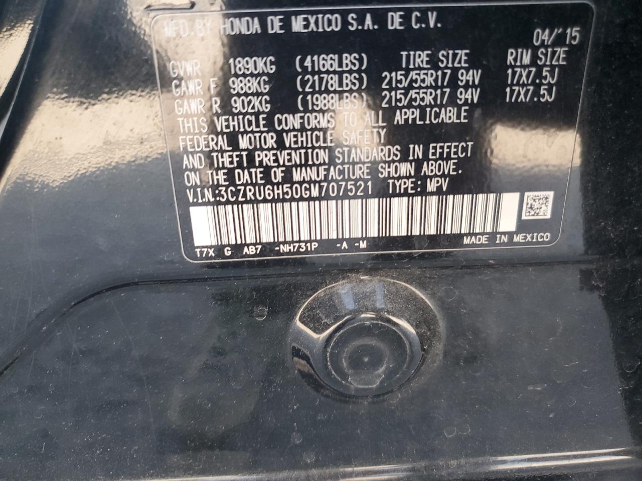 2016 Honda Hr-V Ex VIN: 3CZRU6H50GM707521 Lot: 80637905