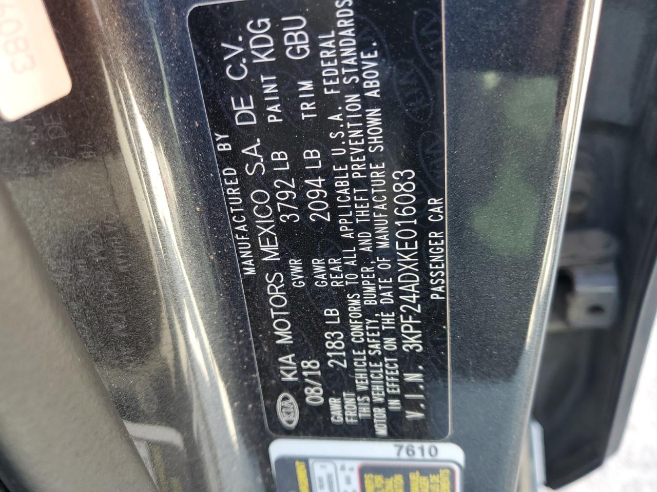 2019 Kia Forte Fe VIN: 3KPF24ADXKE016083 Lot: 81549265