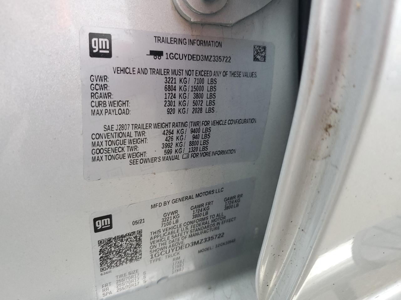 2021 Chevrolet Silverado K1500 Lt VIN: 1GCUYDED3MZ335722 Lot: 83830555