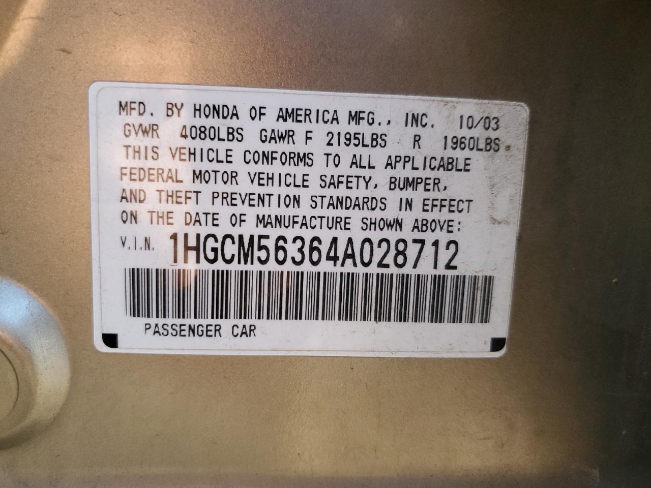 2004 Honda Accord Lx VIN: 1HGCM56364A028712 Lot: 82110015