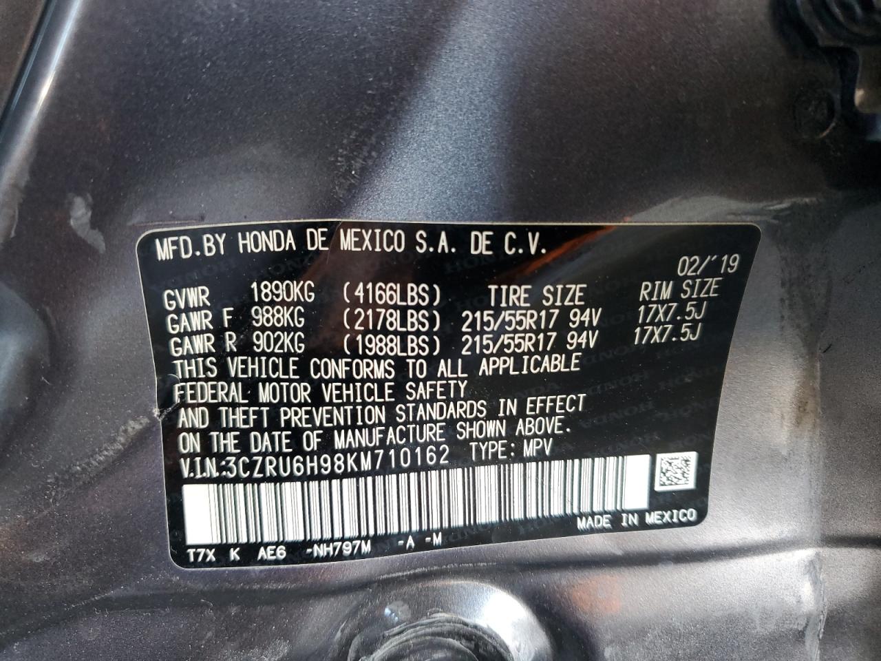 2019 Honda Hr-V Touring VIN: 3CZRU6H98KM710162 Lot: 82122885