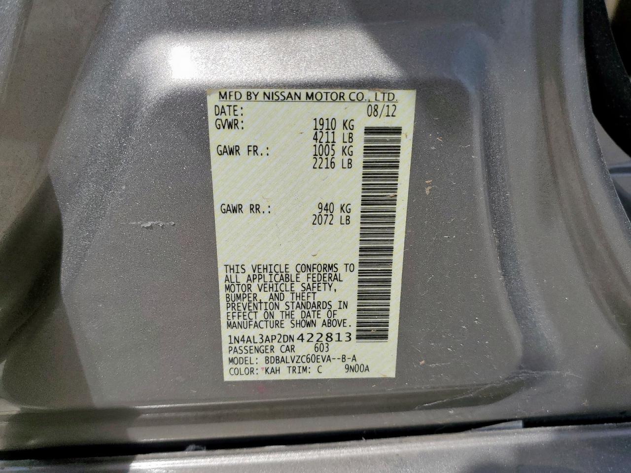 2013 Nissan Altima 2.5 VIN: 1N4AL3AP2DN422813 Lot: 70666445