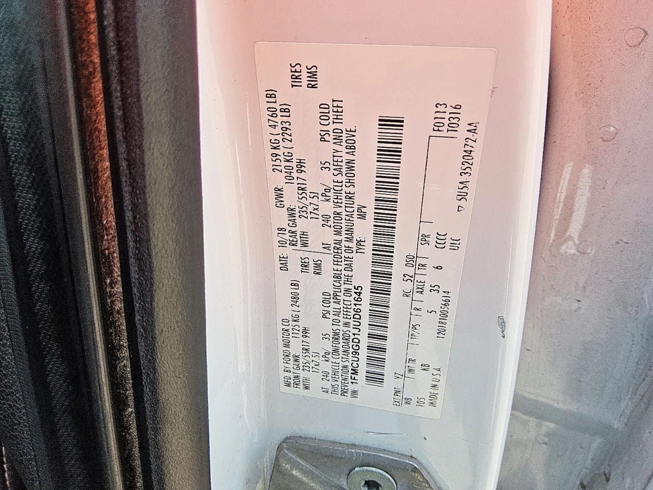 2018 Ford Escape Se VIN: 1FMCU9GD1JUD61645 Lot: 81690125