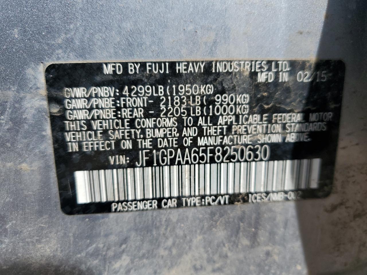 2015 Subaru Impreza VIN: JF1GPAA65F8250630 Lot: 81118225