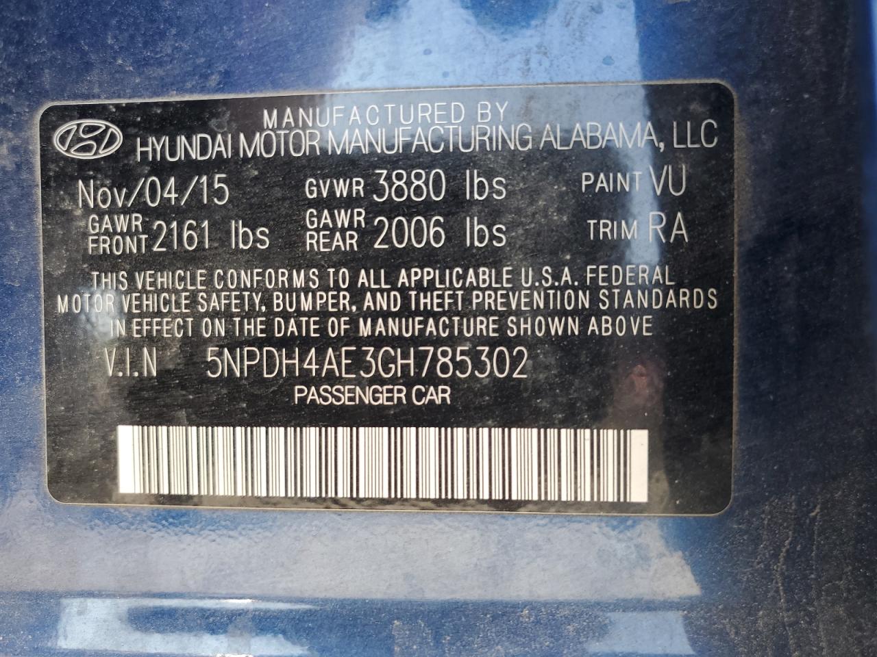 2016 Hyundai Elantra Se VIN: 5NPDH4AE3GH785302 Lot: 80542815