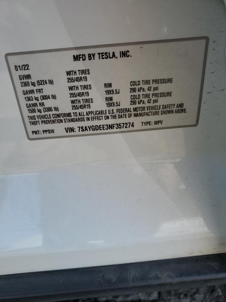 2022 Tesla Model Y VIN: 7SAYGDEE3NF357274 Lot: 84407985