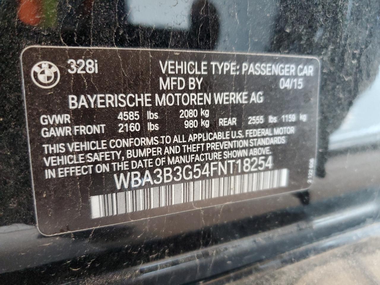 2015 BMW 328 Xi VIN: WBA3B3G54FNT18254 Lot: 82123945