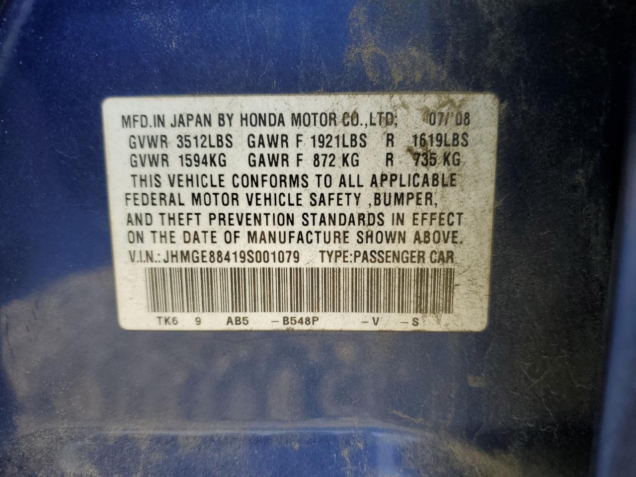 2009 Honda Fit Sport VIN: JHMGE88419S001079 Lot: 83867475