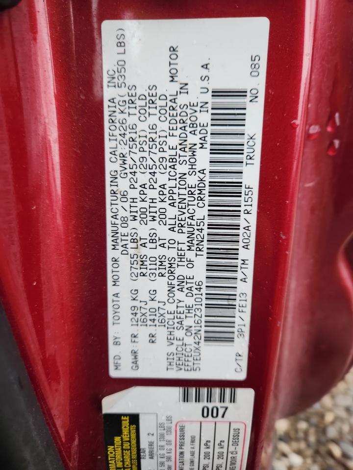 2006 Toyota Tacoma Access Cab VIN: 5TEUX42N16Z310146 Lot: 81892545