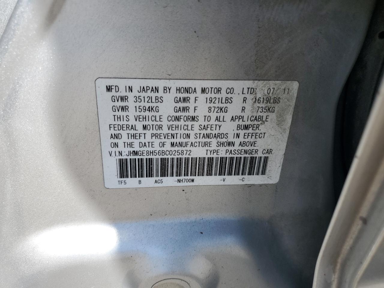 2011 Honda Fit Sport VIN: JHMGE8H56BC025872 Lot: 80858795