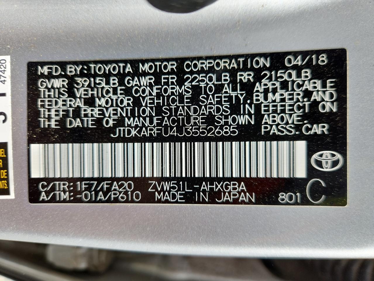 2018 Toyota Prius VIN: JTDKARFU4J3552685 Lot: 80531525