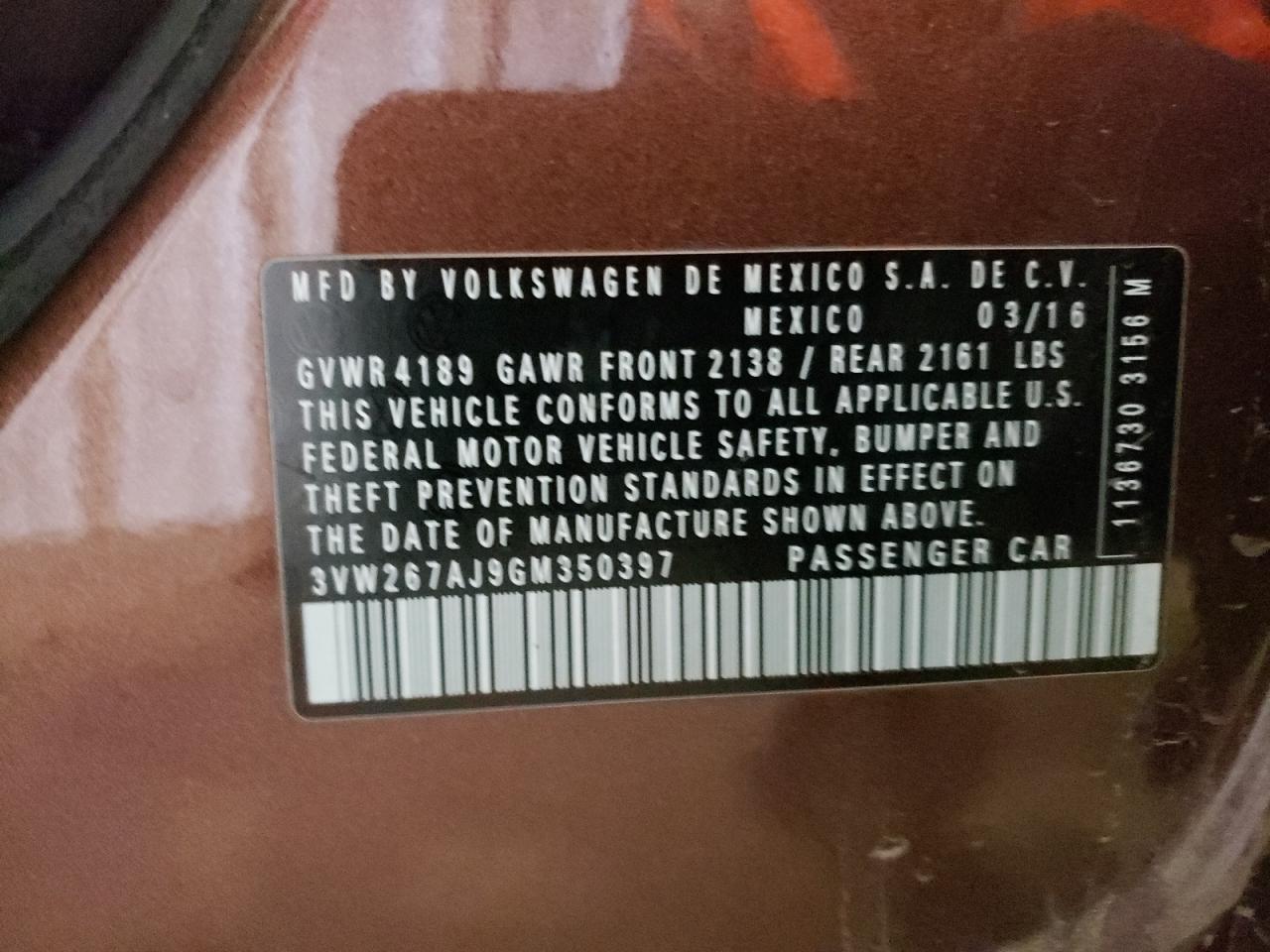 2016 Volkswagen Jetta S VIN: 3VW267AJ9GM350397 Lot: 81656005