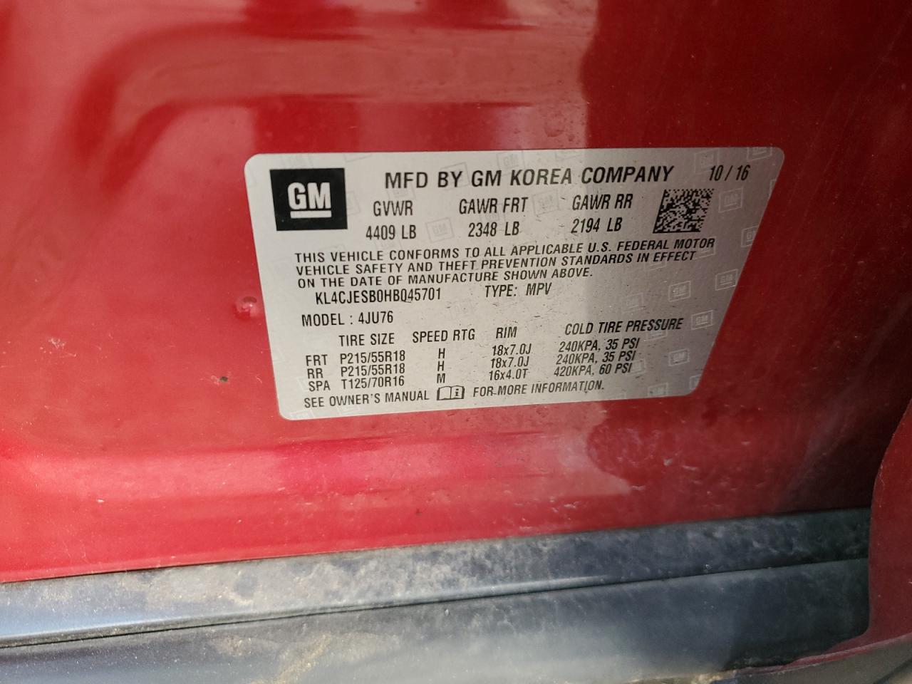 2017 Buick Encore Preferred VIN: KL4CJESB0HB045701 Lot: 71568295