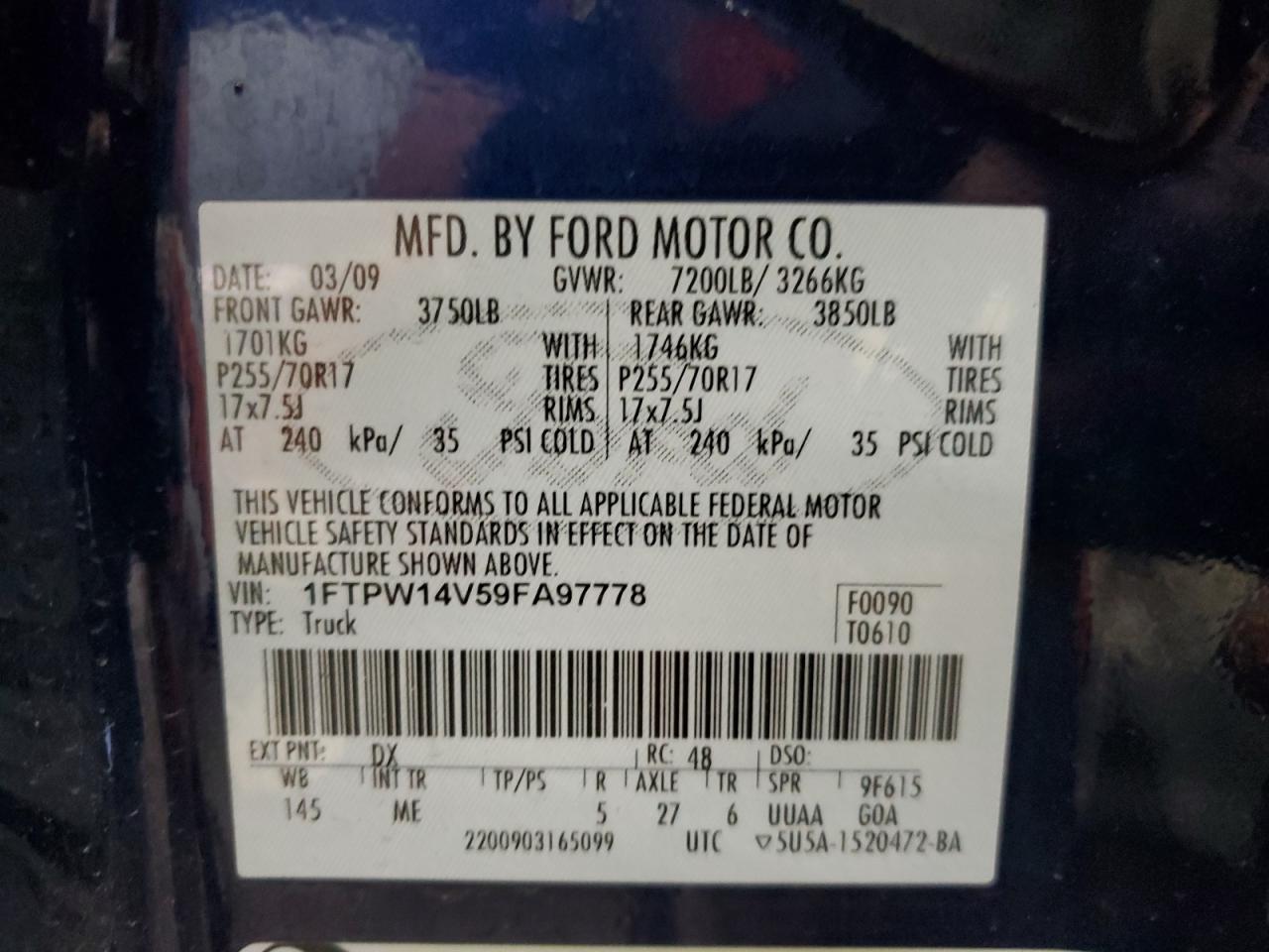 2009 Ford F150 Supercrew VIN: 1FTPW14V59FA97778 Lot: 81046155