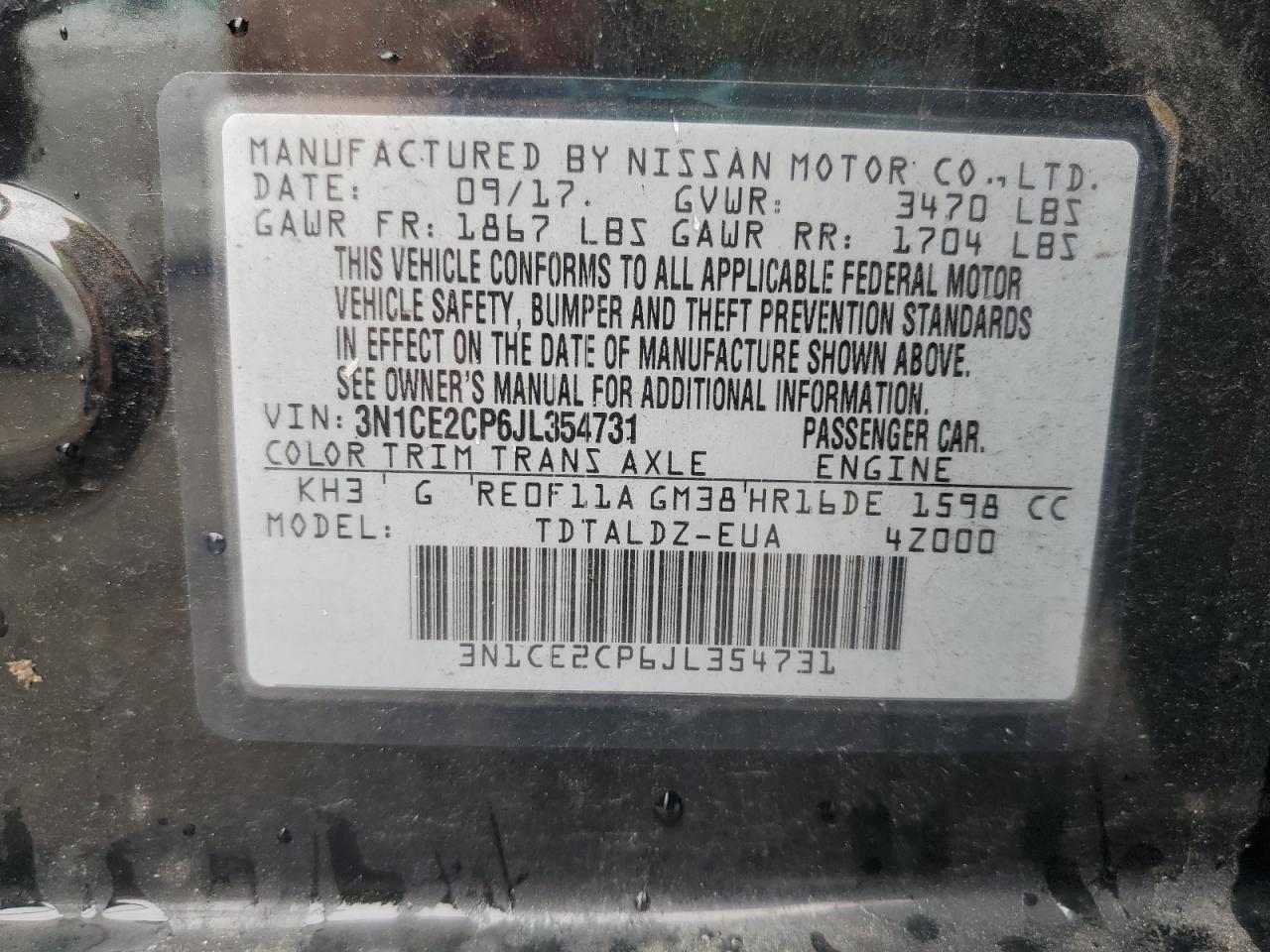 2018 Nissan Versa Note S VIN: 3N1CE2CP6JL354731 Lot: 81454995