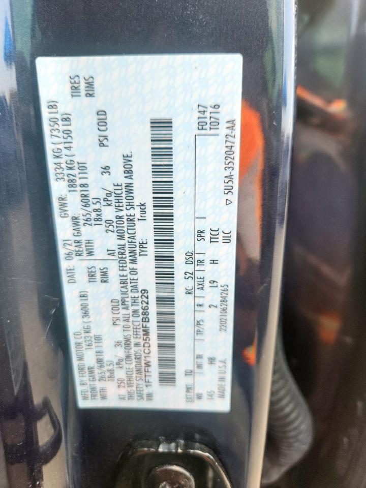 2021 Ford F150 Supercrew VIN: 1FTFW1CD5MFB86229 Lot: 84249155