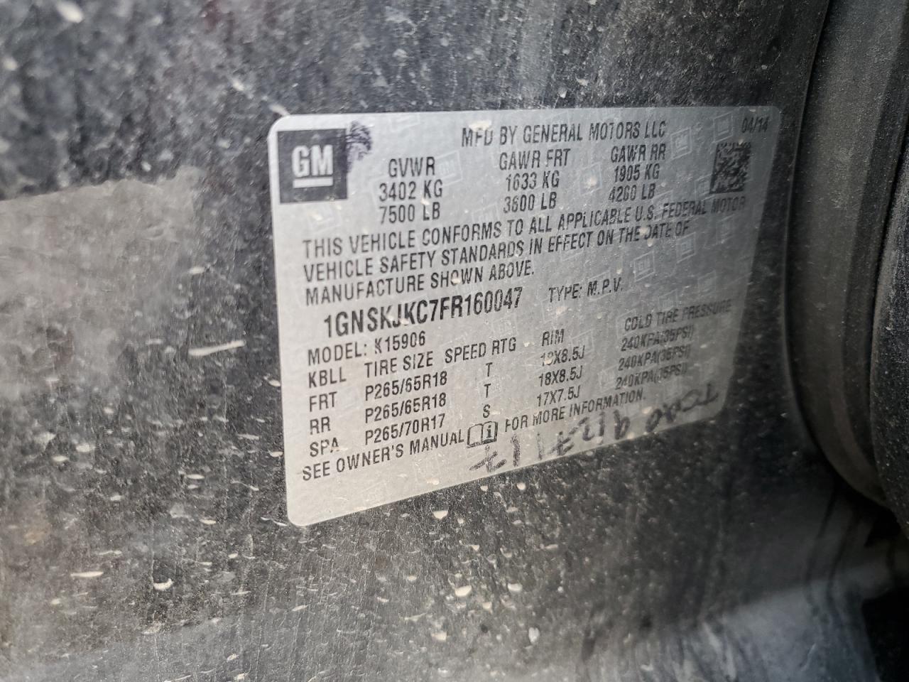 2015 Chevrolet Suburban K1500 Lt VIN: 1GNSKJKC7FR160047 Lot: 71511545