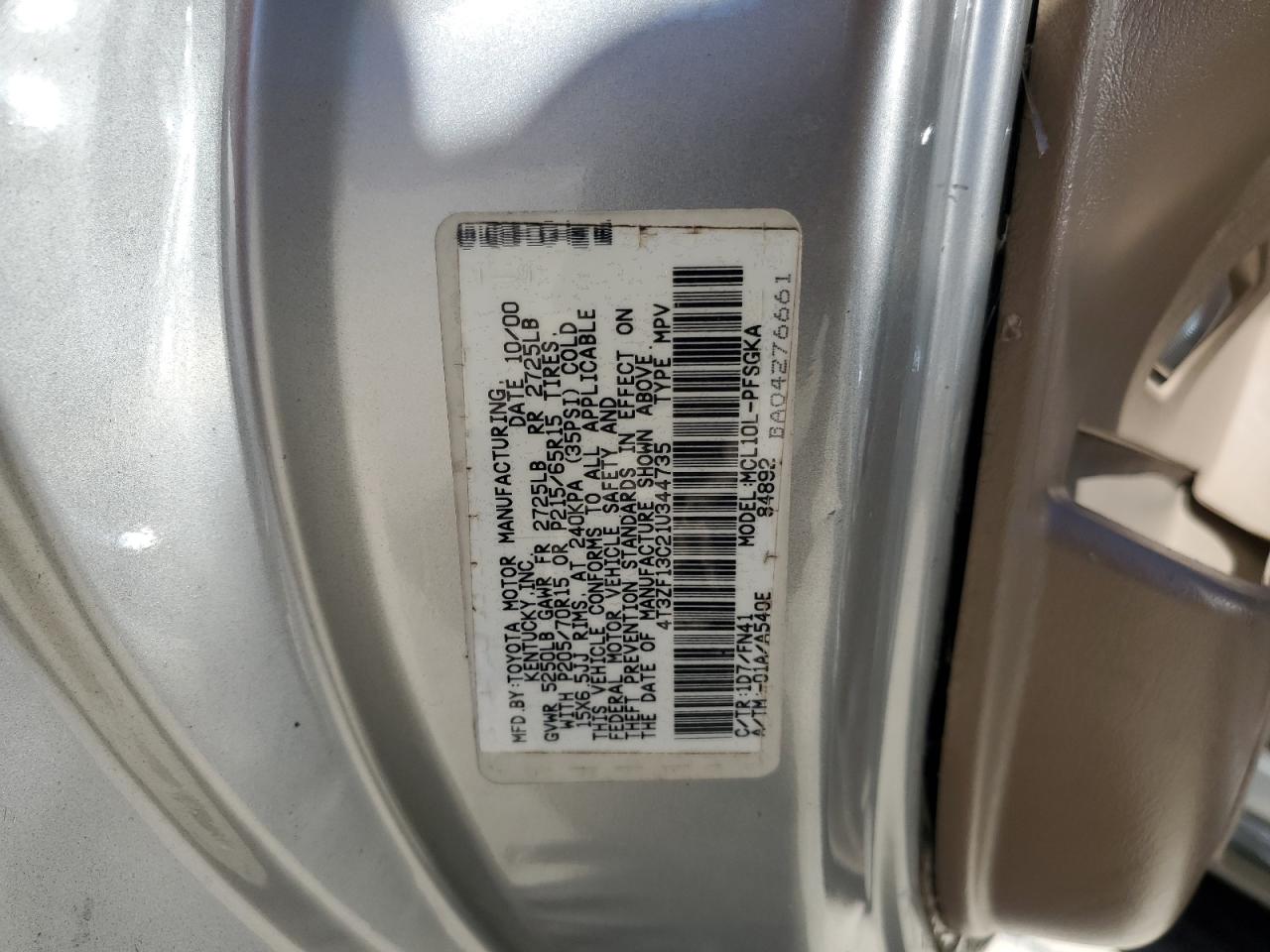 2001 Toyota Sienna Le VIN: 4T3ZF13C21U344735 Lot: 84247075