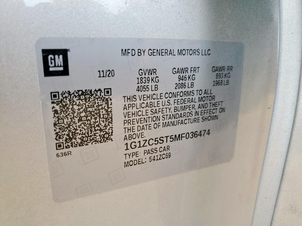 2021 Chevrolet Malibu Ls VIN: 1G1ZC5ST5MF036474 Lot: 84709045