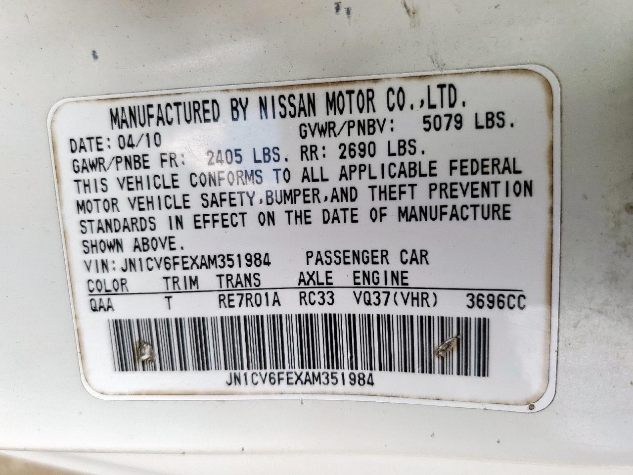 2010 Infiniti G37 Base VIN: JN1CV6FEXAM351984 Lot: 81581615