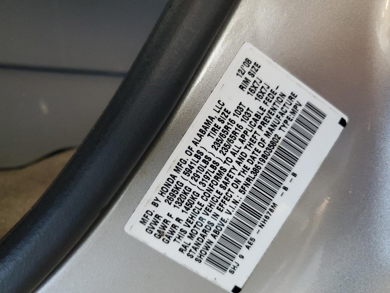 2009 Honda Odyssey Exl VIN: 5FNRL38619B035802 Lot: 80329925