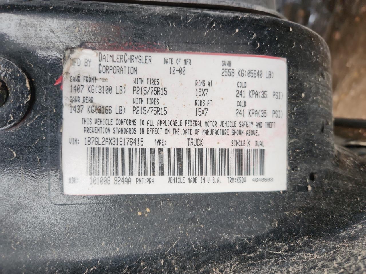 2001 Dodge Dakota Quad VIN: 1B7GL2AX31S176415 Lot: 80581695