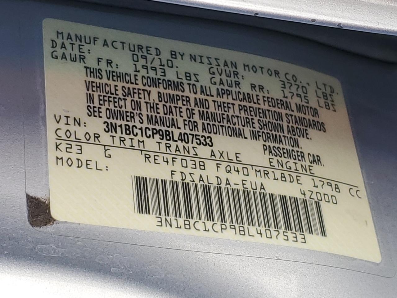 2011 Nissan Versa S VIN: 3N1BC1CP9BL407533 Lot: 83988155