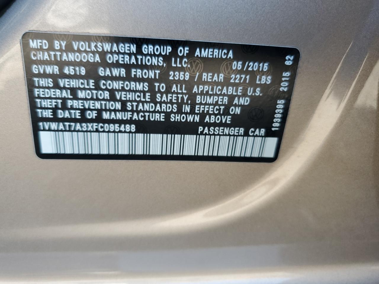 2015 Volkswagen Passat S VIN: 1VWAT7A3XFC095488 Lot: 81298405