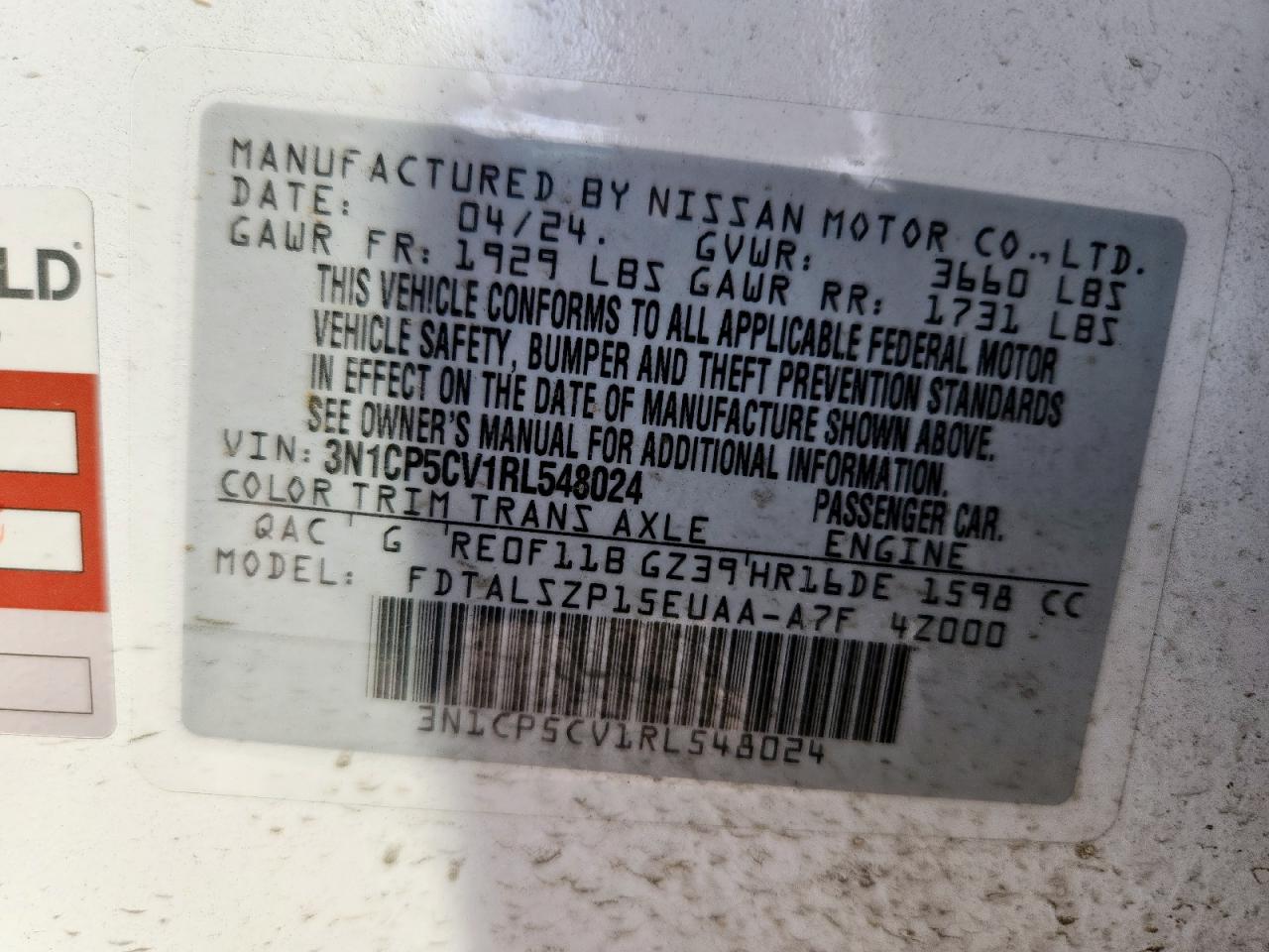 2024 Nissan Kicks Sv VIN: 3N1CP5CV1RL548024 Lot: 81496425