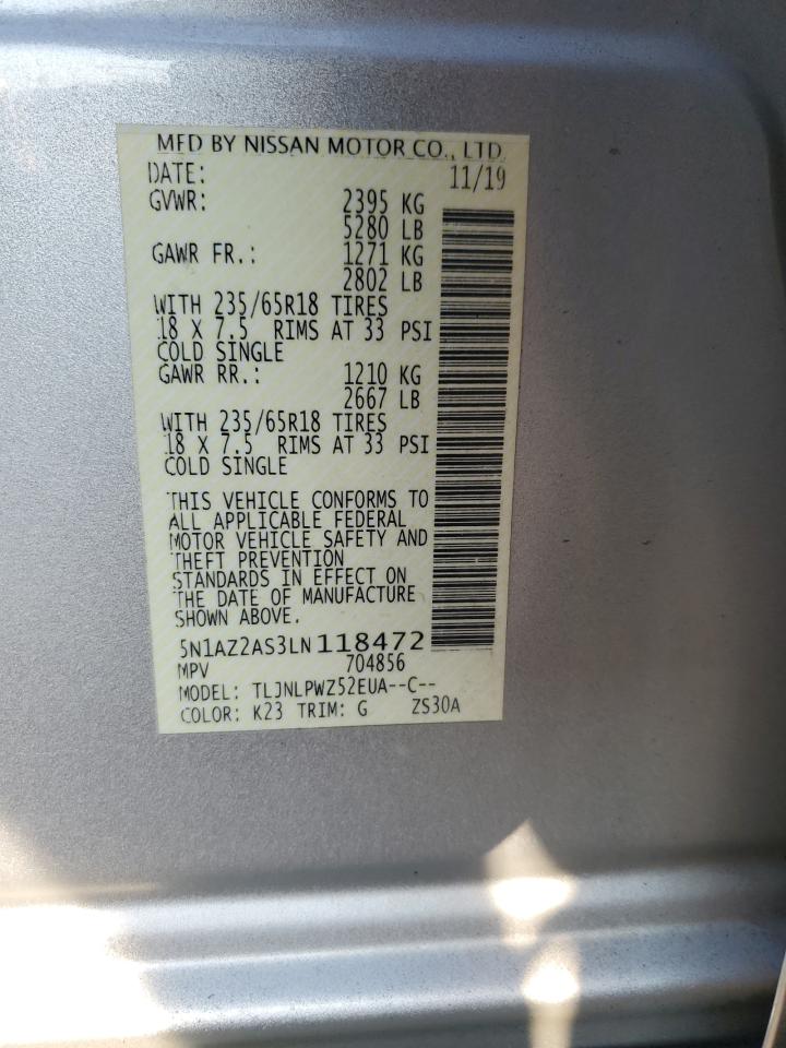 2020 Nissan Murano S VIN: 5N1AZ2AS3LN118472 Lot: 81280355