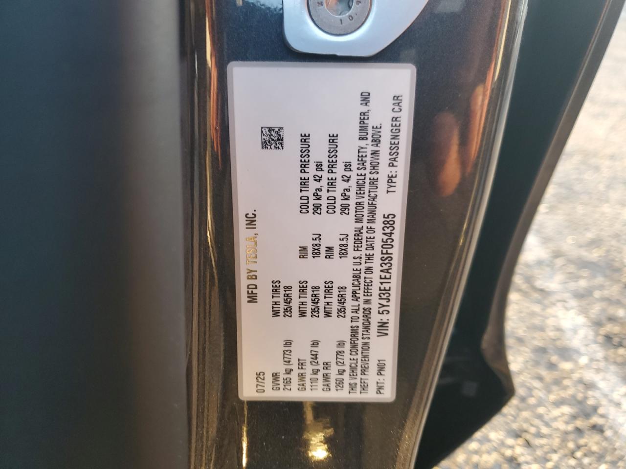 2025 Tesla Model 3 VIN: 5YJ3E1EA3SF054385 Lot: 80882475