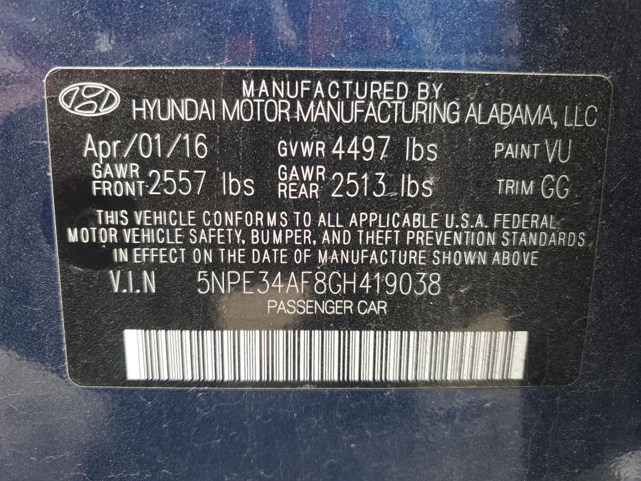 2016 Hyundai Sonata Sport VIN: 5NPE34AF8GH419038 Lot: 80170775