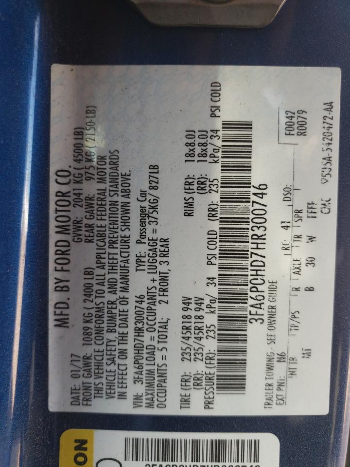 2017 Ford Fusion Se VIN: 3FA6P0HD7HR300746 Lot: 80885265