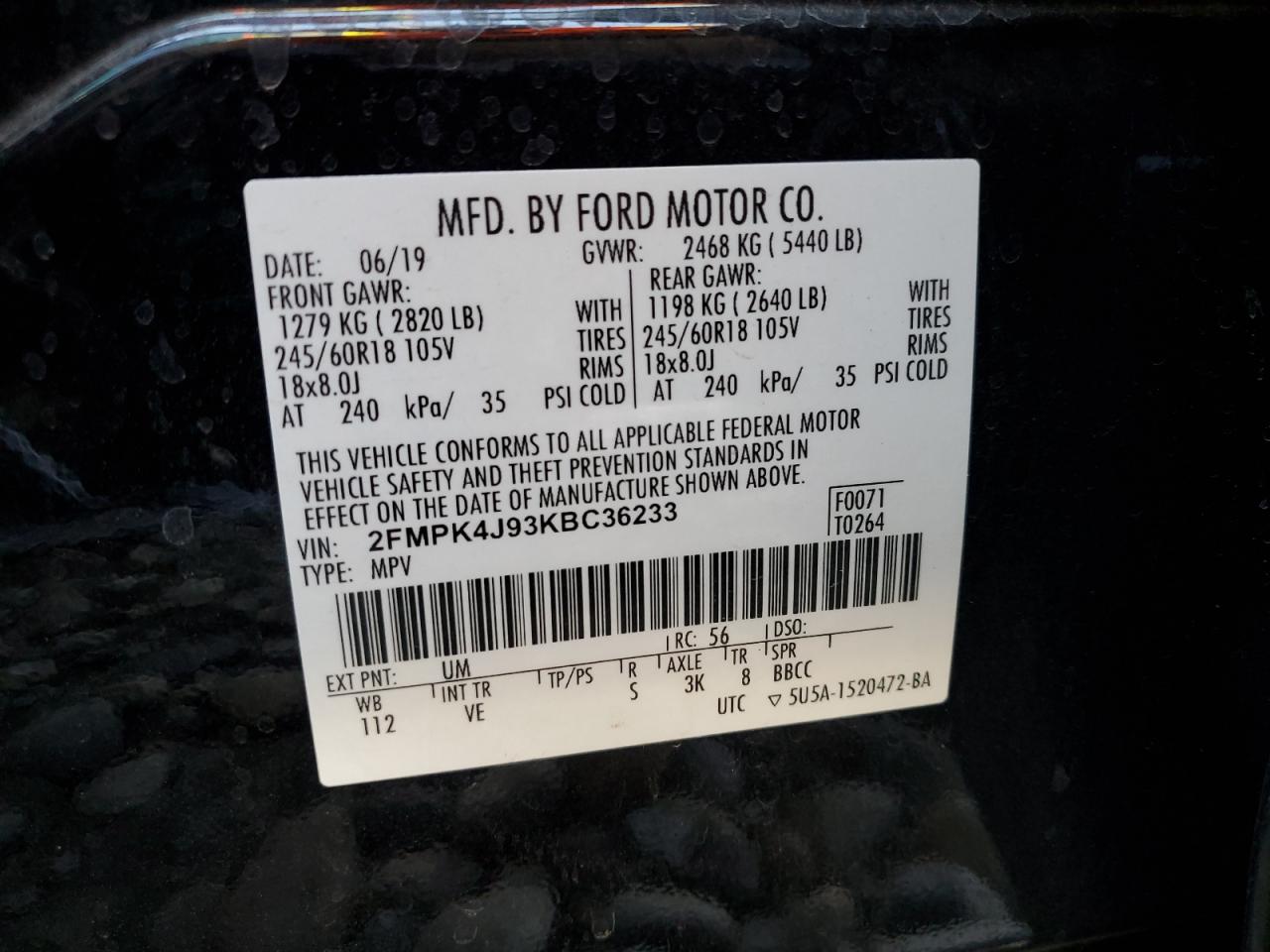 2019 Ford Edge Sel VIN: 2FMPK4J93KBC36233 Lot: 84421755
