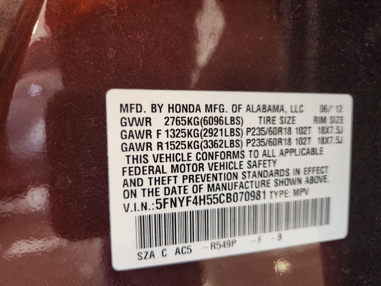 2012 Honda Pilot Exl VIN: 5FNYF4H55CB070981 Lot: 72003635