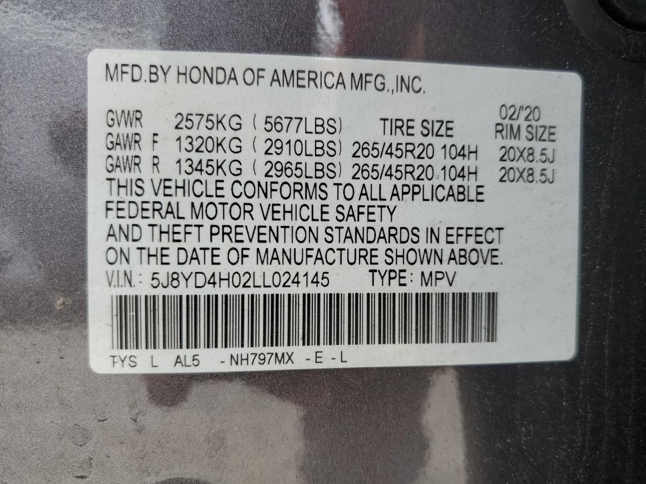 2020 Acura Mdx A-Spec VIN: 5J8YD4H02LL024145 Lot: 71982695