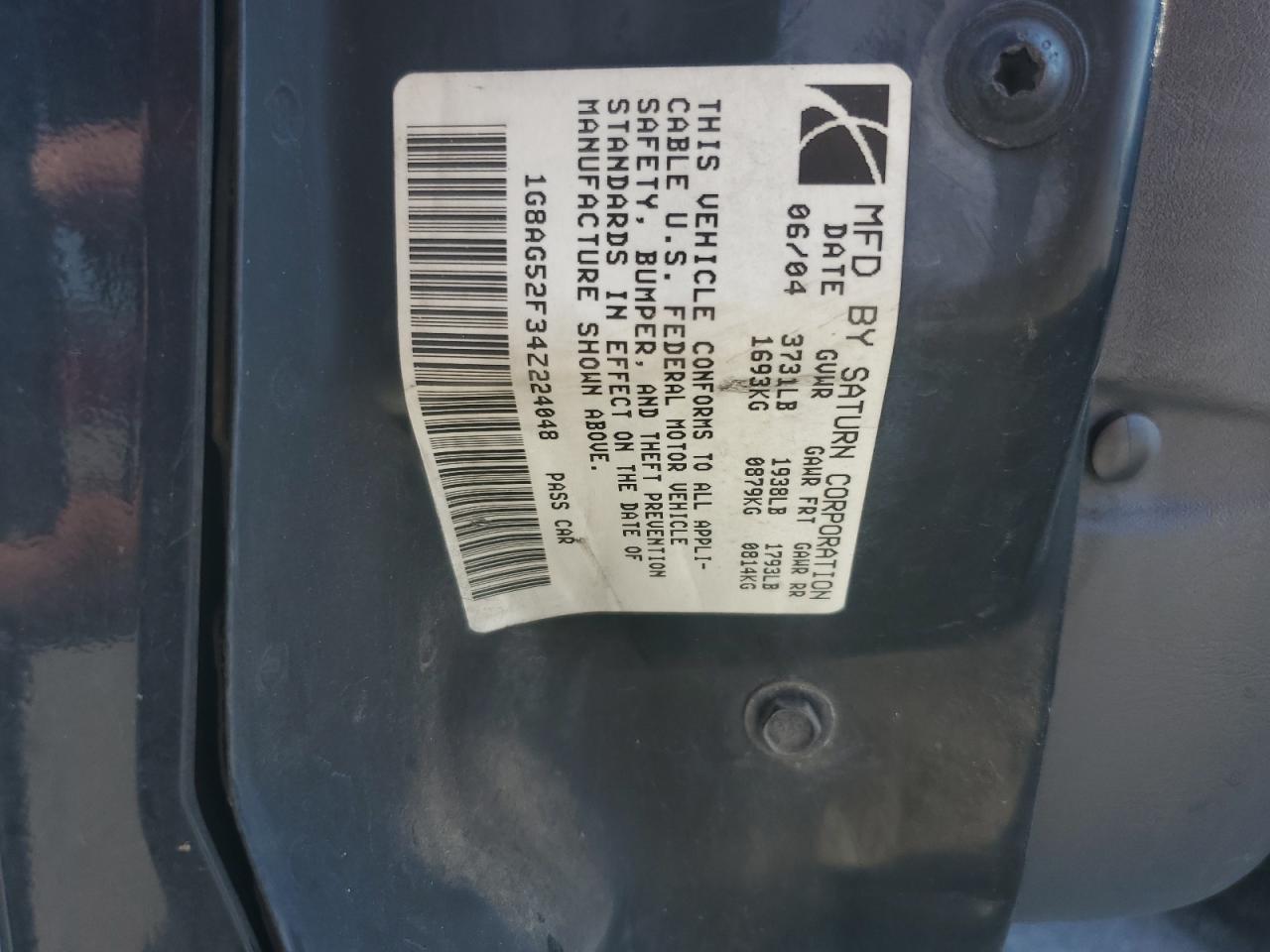 2004 Saturn Ion Level 1 VIN: 1G8AG52F34Z224048 Lot: 71252575