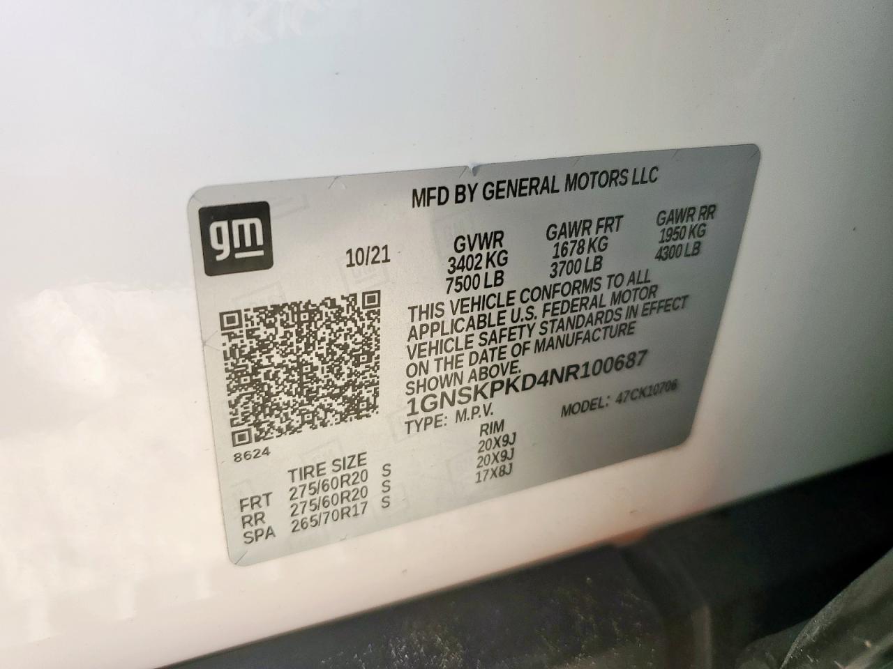 2022 Chevrolet Tahoe K1500 Z71 VIN: 1GNSKPKD4NR100687 Lot: 84206455